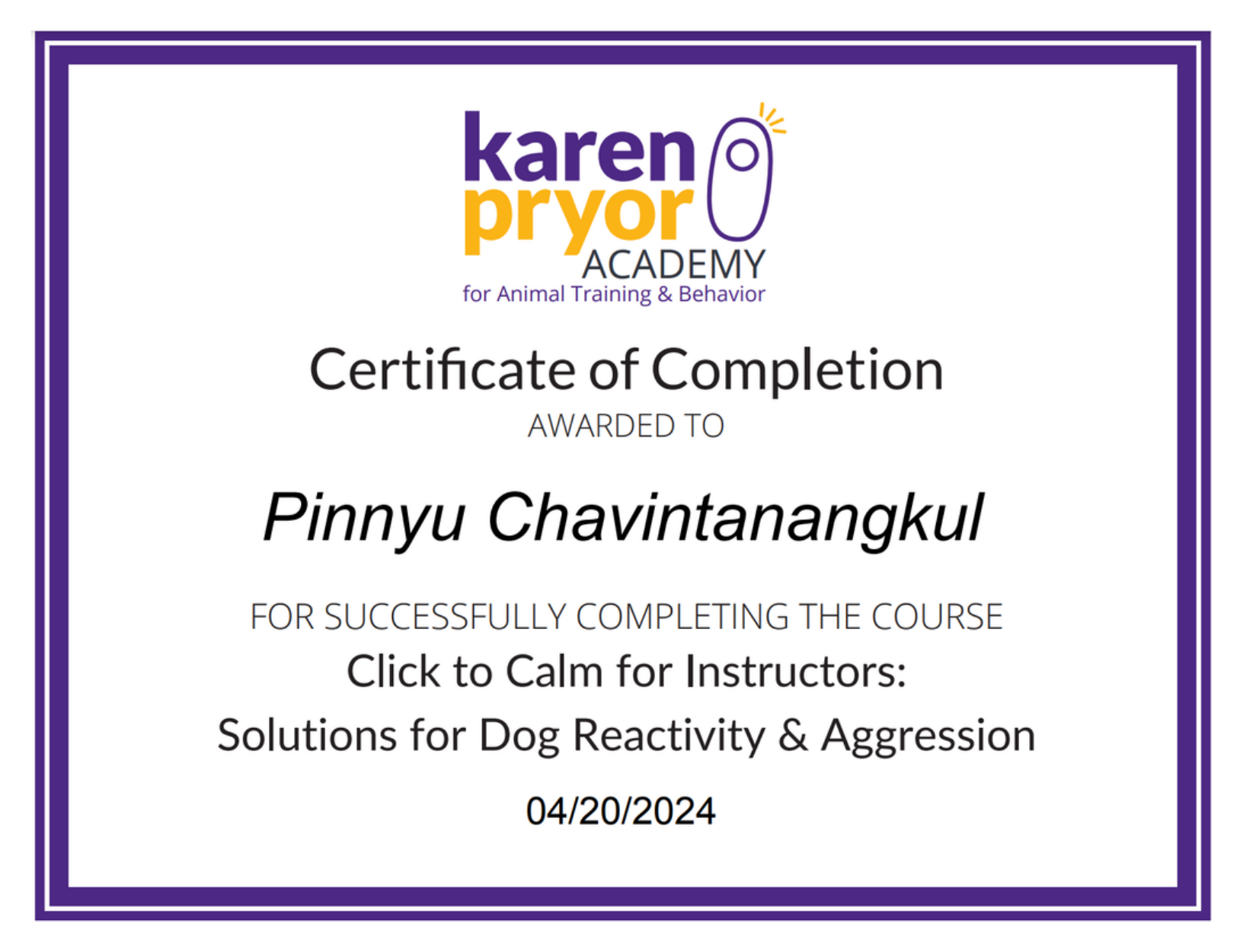 Click to Calm for Instructors certificate