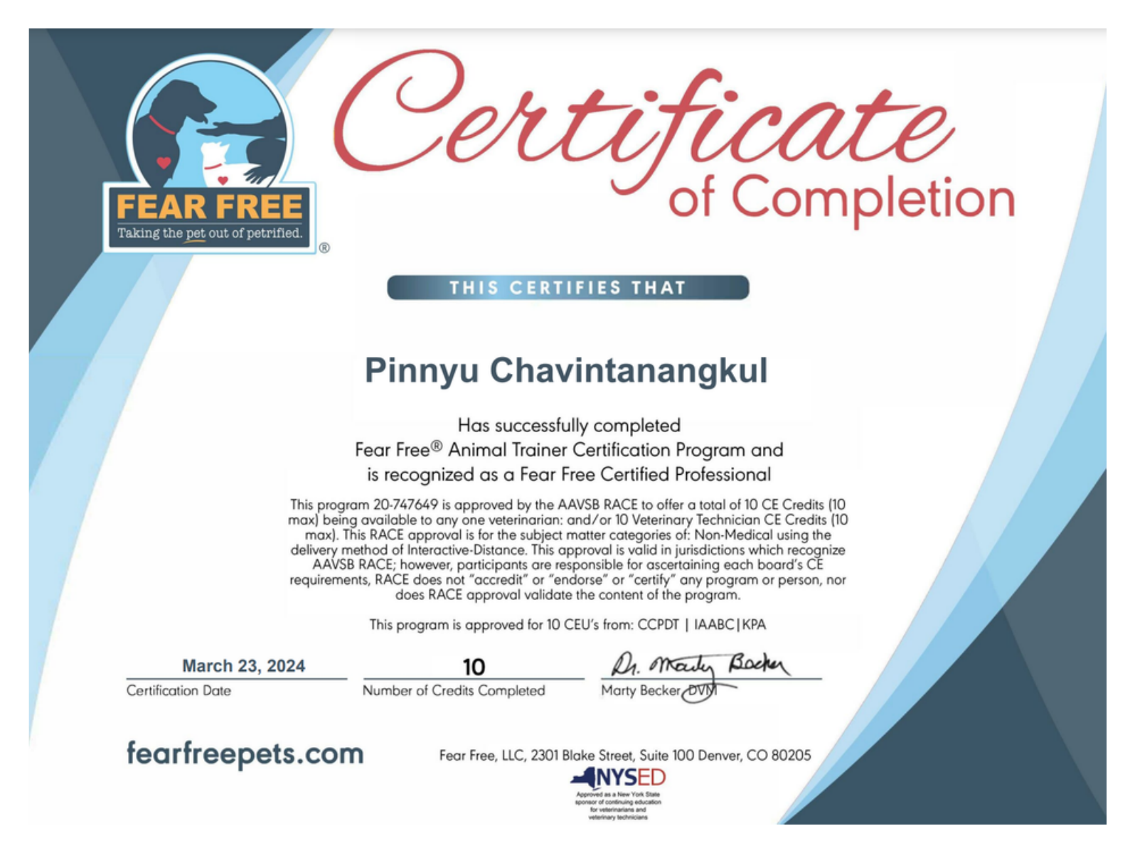 Fear Free Certified Professional certificate