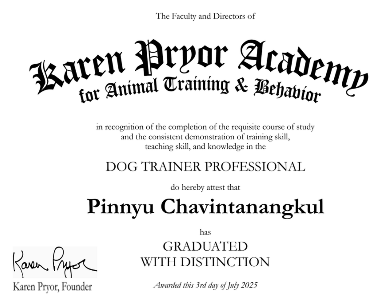 Karen Pryor Academy Dog Trainer Professional certificate