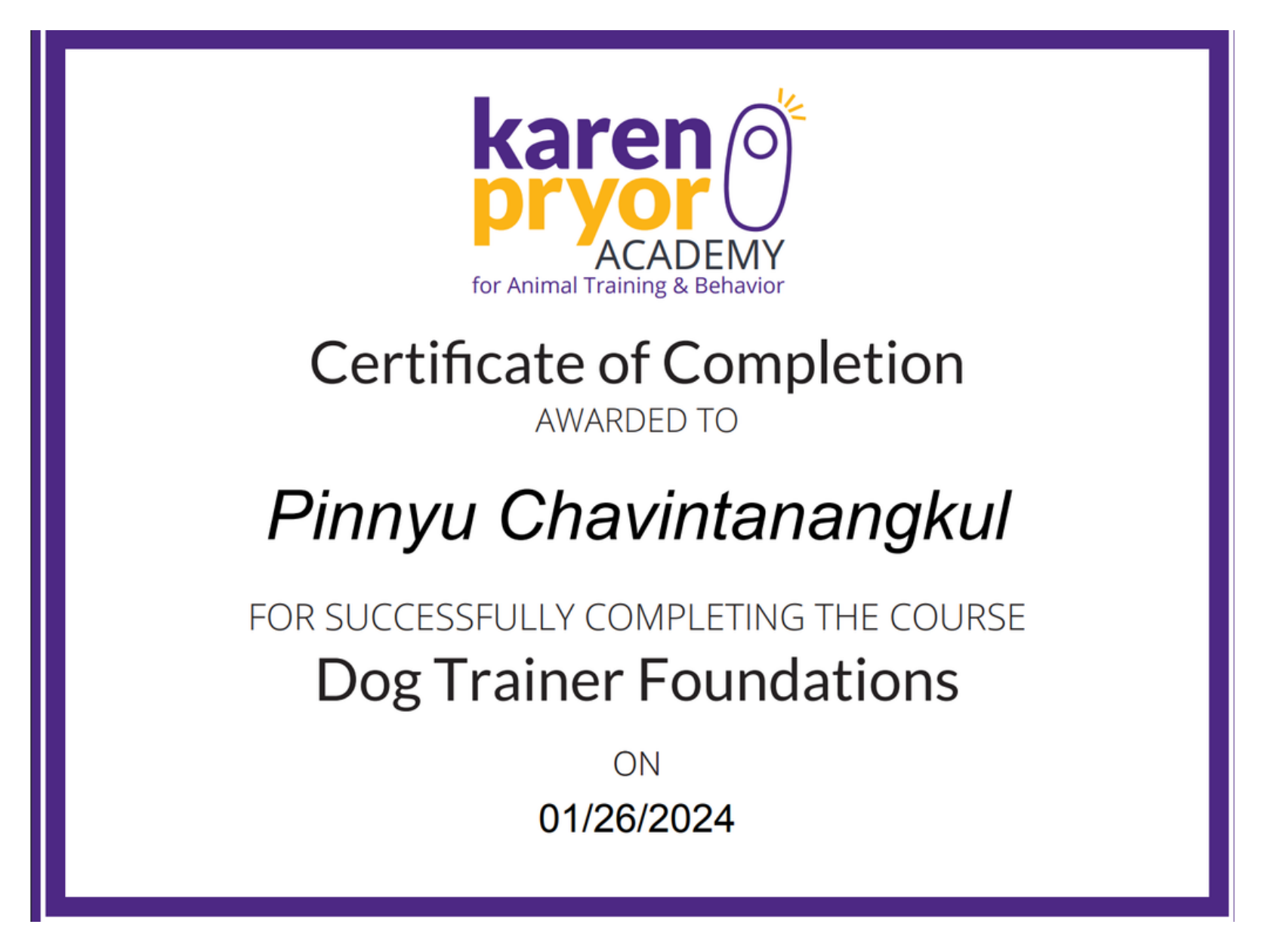 Karen Pryor Academy Dog Trainer Foundations certificate