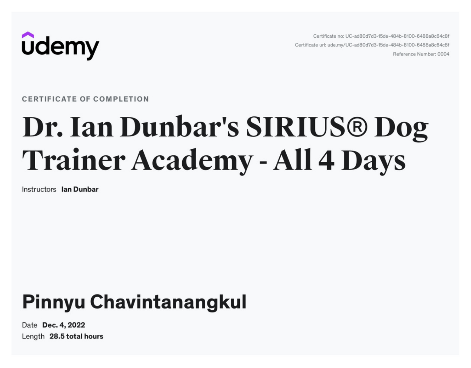 SIRIUS Dog Trainer Academy by Dr. Ian Dunbar certificate